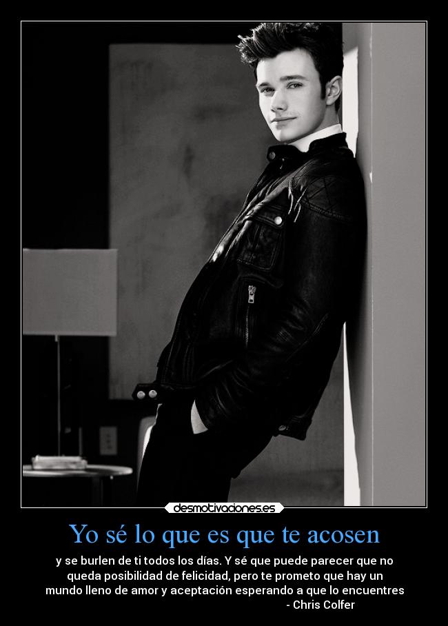 Yo sé lo que es que te acosen - y se burlen de ti todos los días. Y sé que puede parecer que no
queda posibilidad de felicidad, pero te prometo que hay un
mundo lleno de amor y aceptación esperando a que lo encuentres
                                                                      - Chris Colfer