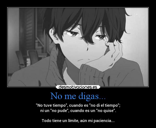 No me digas... - No tuve tiempo, cuando es no di el tiempo;
ni un no pude, cuando es un no quise.
Todo tiene un límite, aún mi paciencia...