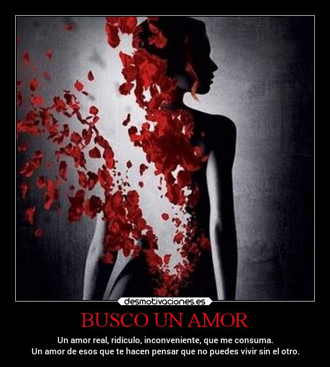 BUSCO UN AMOR - Un amor real, ridículo, inconveniente, que me consuma.
Un amor de esos que te hacen pensar que no puedes vivir sin el otro.