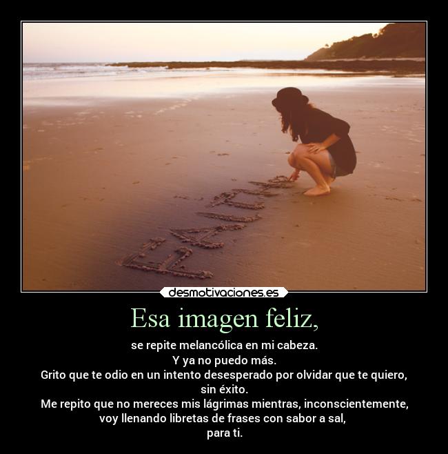 Esa imagen feliz, - se repite melancólica en mi cabeza.
Y ya no puedo más.
Grito que te odio en un intento desesperado por olvidar que te quiero,
sin éxito.
Me repito que no mereces mis lágrimas mientras, inconscientemente,
voy llenando libretas de frases con sabor a sal, 
para ti.