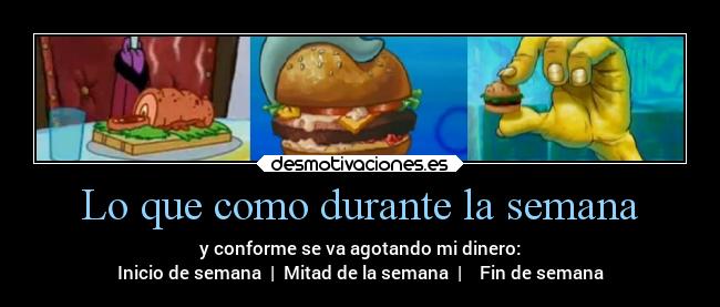 Lo que como durante la semana - y conforme se va agotando mi dinero:
Inicio de semana | Mitad de la semana | Fin de semana
