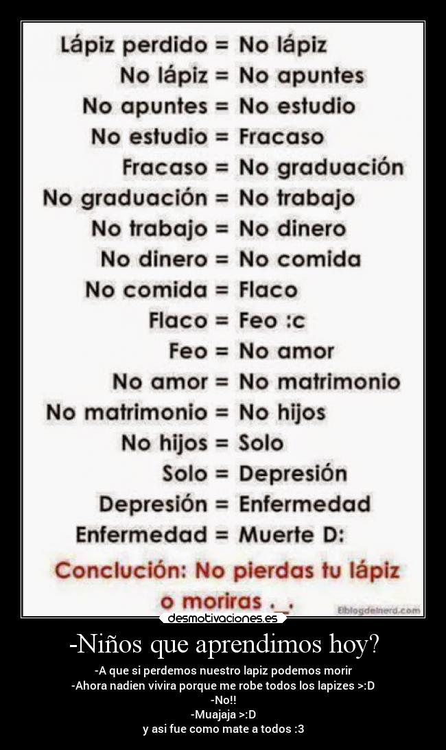 -Niños que aprendimos hoy? - -A que si perdemos nuestro lapiz podemos morir
-Ahora nadien vivira porque me robe todos los lapizes >:D
-No!!
-Muajaja >:D
y asi fue como mate a todos :3