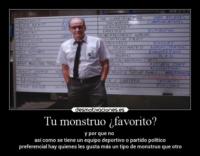 Tu monstruo ¿favorito? - y por que no
así como se tiene un equipo deportivo o partido político
preferencial hay quienes les gusta más un tipo de monstruo que otro