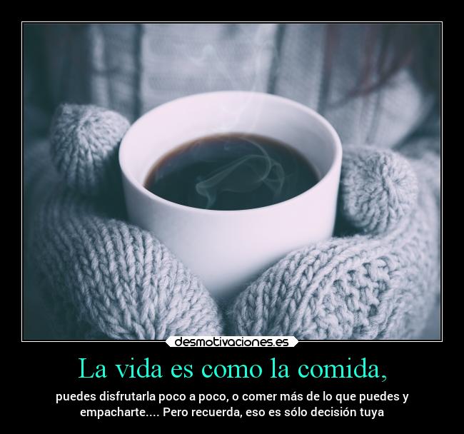 La vida es como la comida, - puedes disfrutarla poco a poco, o comer más de lo que puedes y
empacharte.... Pero recuerda, eso es sólo decisión tuya