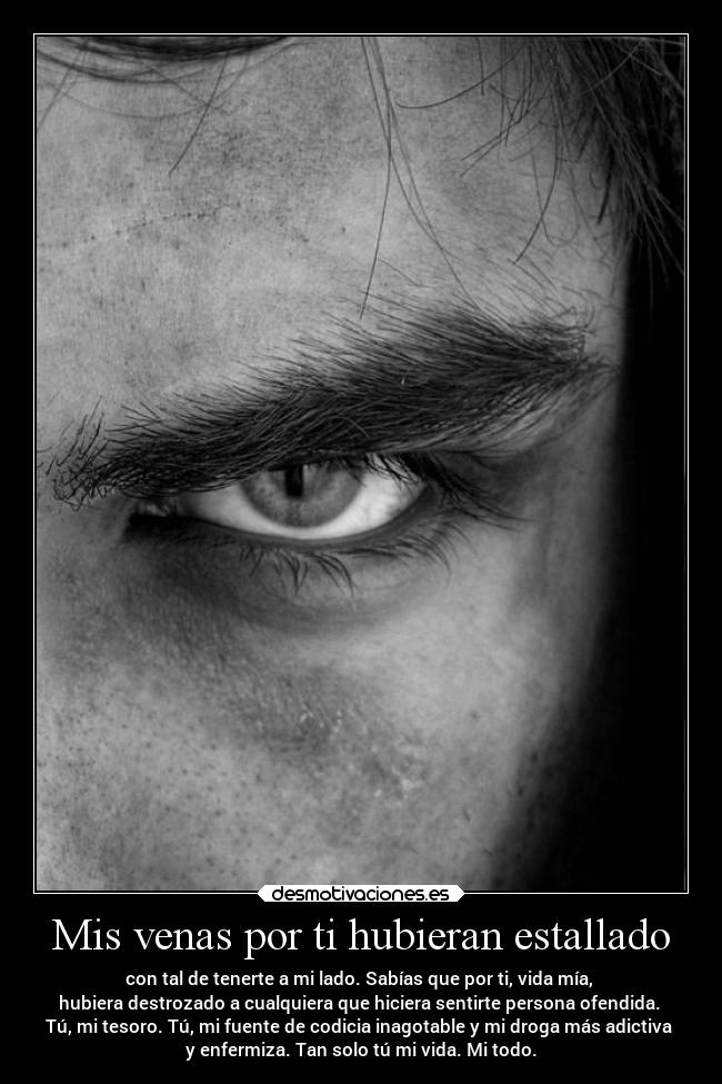Mis venas por ti hubieran estallado - con tal de tenerte a mi lado. Sabías que por ti, vida mía,
hubiera destrozado a cualquiera que hiciera sentirte persona ofendida.
Tú, mi tesoro. Tú, mi fuente de codicia inagotable y mi droga más adictiva
y enfermiza. Tan solo tú mi vida. Mi todo.