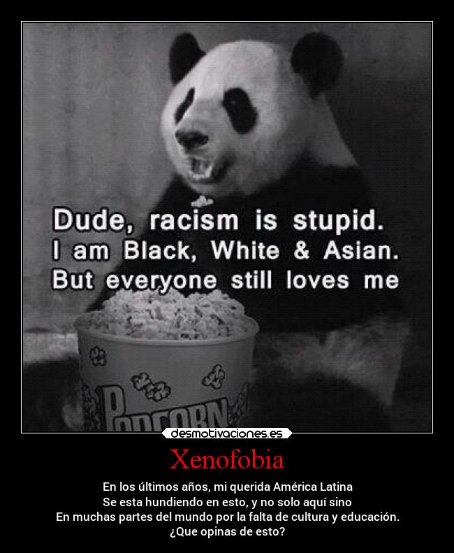 Xenofobia - En los últimos años, mi querida América Latina
Se esta hundiendo en esto, y no solo aquí sino
En muchas partes del mundo por la falta de cultura y educación.
¿Que opinas de esto?