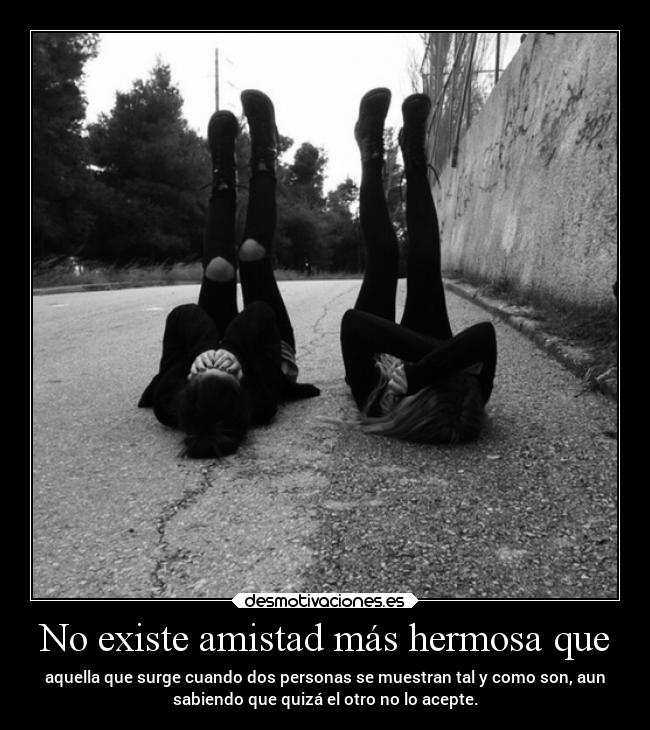 No existe amistad más hermosa que - aquella que surge cuando dos personas se muestran tal y como son, aun
sabiendo que quizá el otro no lo acepte.