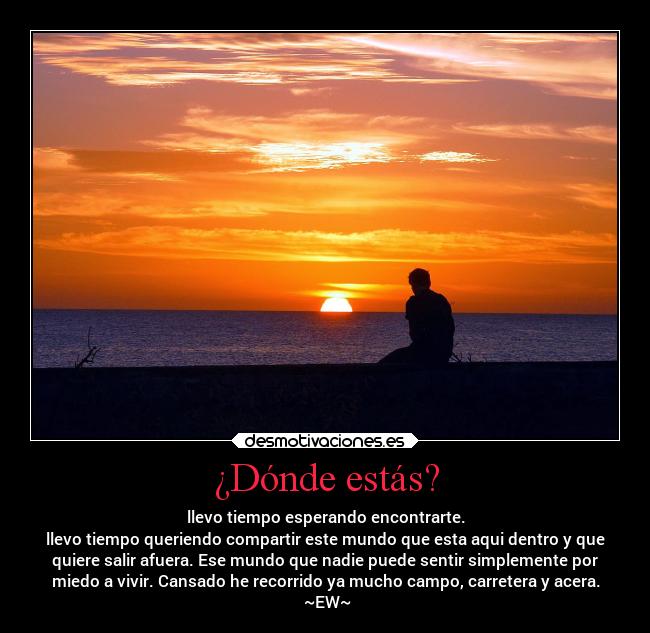 ¿Dónde estás? - llevo tiempo esperando encontrarte.
llevo tiempo queriendo compartir este mundo que esta aqui dentro y que
quiere salir afuera. Ese mundo que nadie puede sentir simplemente por
miedo a vivir. Cansado he recorrido ya mucho campo, carretera y acera.
~EW~