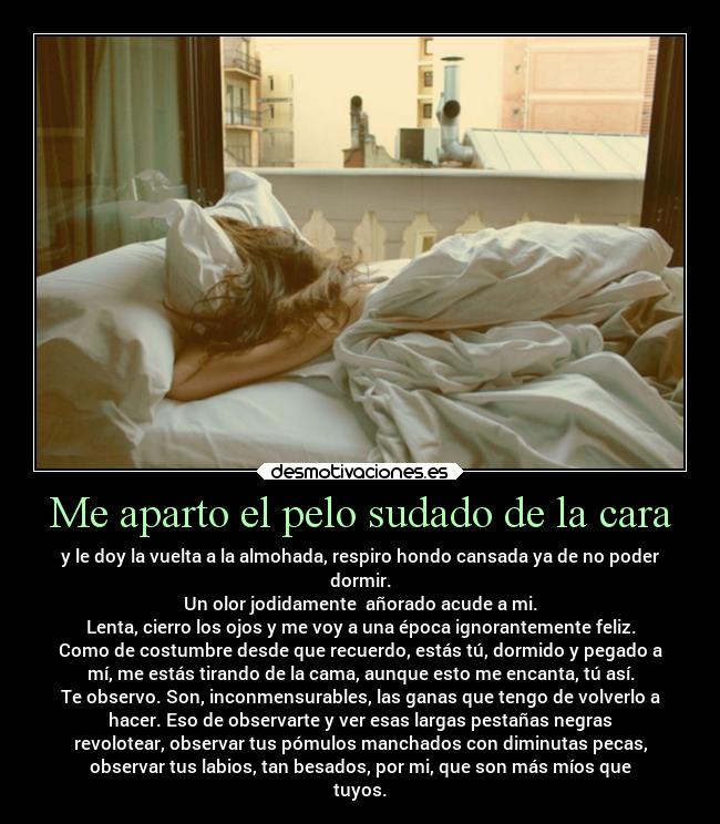 Me aparto el pelo sudado de la cara - y le doy la vuelta a la almohada, respiro hondo cansada ya de no poder
dormir.
Un olor jodidamente  añorado acude a mi.
Lenta, cierro los ojos y me voy a una época ignorantemente feliz.
Como de costumbre desde que recuerdo, estás tú, dormido y pegado a
mí, me estás tirando de la cama, aunque esto me encanta, tú así.
Te observo. Son, inconmensurables, las ganas que tengo de volverlo a
hacer. Eso de observarte y ver esas largas pestañas negras
revolotear, observar tus pómulos manchados con diminutas pecas,
observar tus labios, tan besados, por mi, que son más míos que
tuyos.