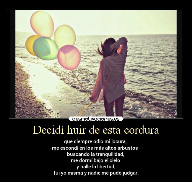 Decidí huir de esta cordura - que siempre odio mi locura, 
me escondí en los más altos arbustos  
buscando la tranquilidad, 
me dormí bajo el cielo 
y halle la libertad,
fui yo misma y nadie me pudo judgar.
