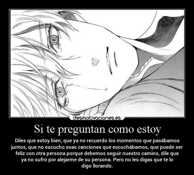 Si te preguntan como estoy - Diles que estoy bien, que ya no recuerdo los momentos que pasábamos
juntos, que no escucho esas canciones que escuchábamos, que puede ser
feliz con otra persona porque debemos seguir nuestro camino, dile que
ya no sufro por alejarme de su persona. Pero no les digas que te lo
digo llorando.