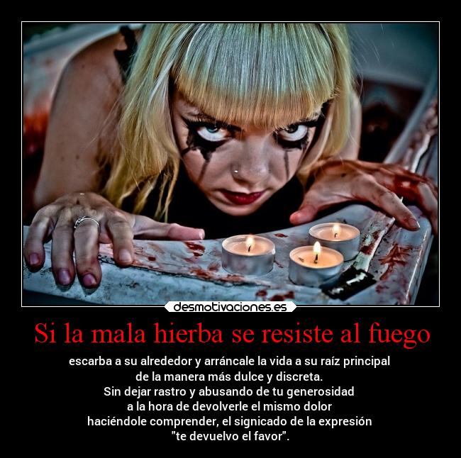 Si la mala hierba se resiste al fuego - escarba a su alrededor y arráncale la vida a su raíz principal
de la manera más dulce y discreta.
Sin dejar rastro y abusando de tu generosidad
a la hora de devolverle el mismo dolor
haciéndole comprender, el signicado de la expresión
te devuelvo el favor.