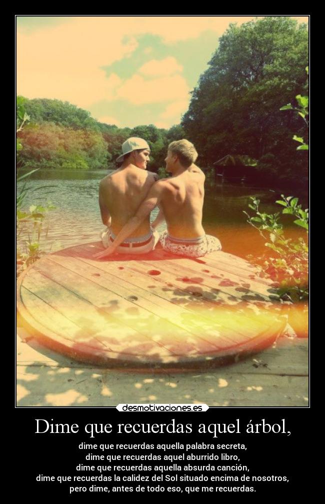 Dime que recuerdas aquel árbol, - dime que recuerdas aquella palabra secreta,
dime que recuerdas aquel aburrido libro,
dime que recuerdas aquella absurda canción,
dime que recuerdas la calidez del Sol situado encima de nosotros,
pero dime, antes de todo eso, que me recuerdas.