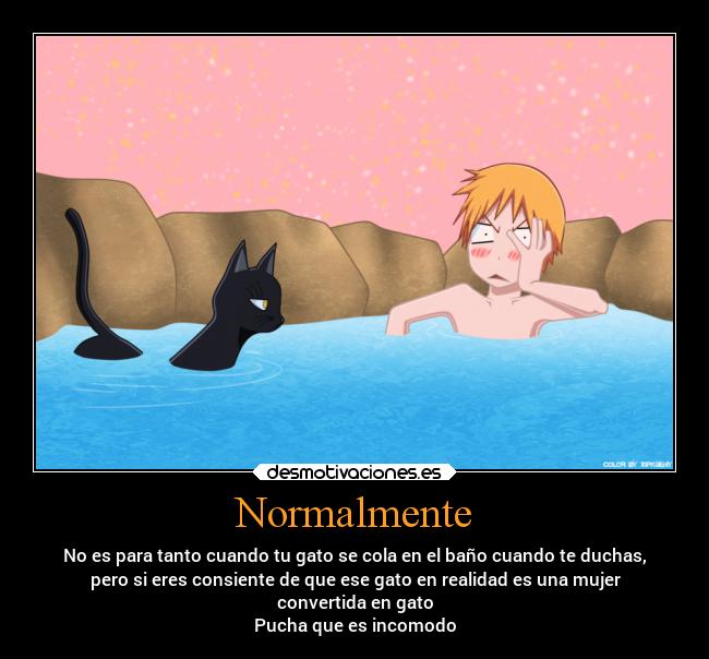 Normalmente - No es para tanto cuando tu gato se cola en el baño cuando te duchas,
pero si eres consiente de que ese gato en realidad es una mujer
convertida en gato
Pucha que es incomodo