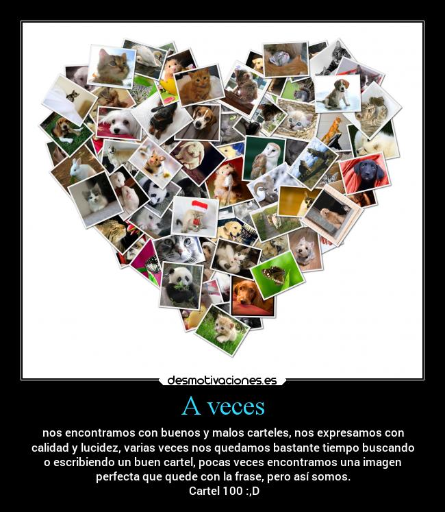 A veces - nos encontramos con buenos y malos carteles, nos expresamos con
calidad y lucidez, varias veces nos quedamos bastante tiempo buscando
o escribiendo un buen cartel, pocas veces encontramos una imagen
perfecta que quede con la frase, pero así somos.
Cartel 100 :,D