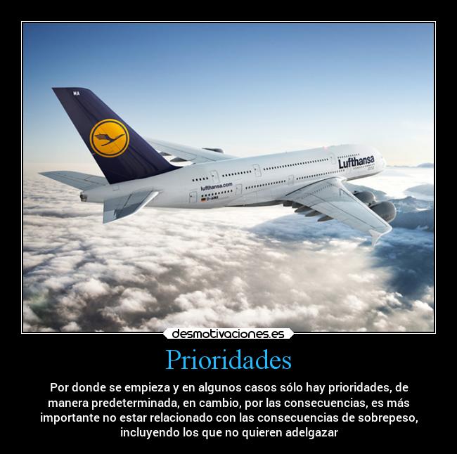 Prioridades - Por donde se empieza y en algunos casos sólo hay prioridades, de
manera predeterminada, en cambio, por las consecuencias, es más
importante no estar relacionado con las consecuencias de sobrepeso,
incluyendo los que no quieren adelgazar