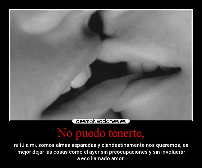 No puedo tenerte, - ni tú a mi, somos almas separadas y clandestinamente nos queremos, es
mejor dejar las cosas como el ayer sin preocupaciones y sin involucrar
a eso llamado amor.