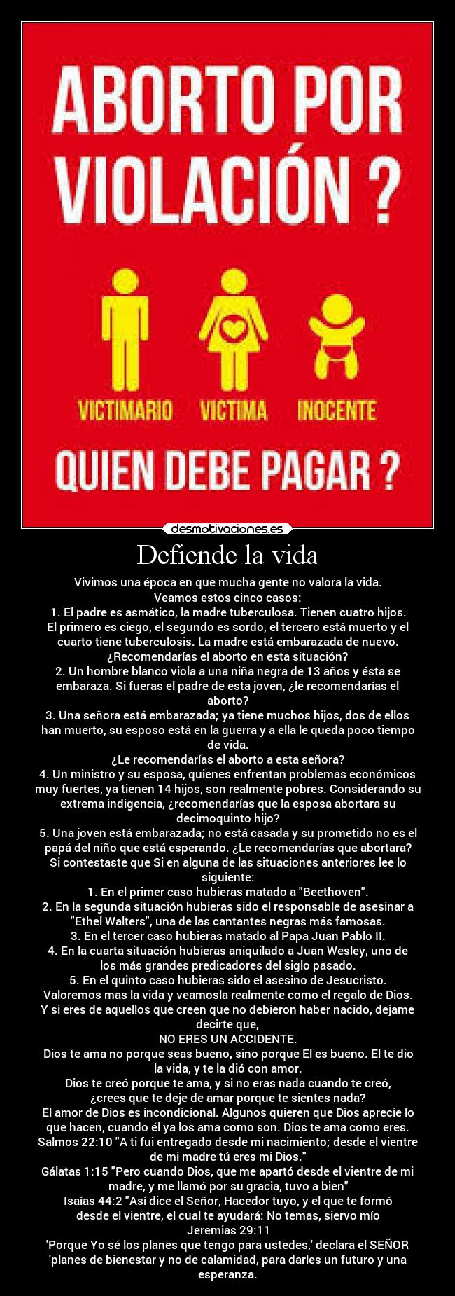 Defiende la vida - Vivimos una época en que mucha gente no valora la vida.
Veamos estos cinco casos:
1. El padre es asmático, la madre tuberculosa. Tienen cuatro hijos.
El primero es ciego, el segundo es sordo, el tercero está muerto y el
cuarto tiene tuberculosis. La madre está embarazada de nuevo.
¿Recomendarías el aborto en esta situación?
2. Un hombre blanco viola a una niña negra de 13 años y ésta se
embaraza. Si fueras el padre de esta joven, ¿le recomendarías el
aborto?
3. Una señora está embarazada; ya tiene muchos hijos, dos de ellos
han muerto, su esposo está en la guerra y a ella le queda poco tiempo
de vida.
¿Le recomendarías el aborto a esta señora?
4. Un ministro y su esposa, quienes enfrentan problemas económicos
muy fuertes, ya tienen 14 hijos, son realmente pobres. Considerando su
extrema indigencia, ¿recomendarías que la esposa abortara su
decimoquinto hijo?
5. Una joven está embarazada; no está casada y su prometido no es el
papá del niño que está esperando. ¿Le recomendarías que abortara?
Si contestaste que Si en alguna de las situaciones anteriores lee lo
siguiente:
1. En el primer caso hubieras matado a Beethoven.
2. En la segunda situación hubieras sido el responsable de asesinar a
Ethel Walters, una de las cantantes negras más famosas.
3. En el tercer caso hubieras matado al Papa Juan Pablo II.
4. En la cuarta situación hubieras aniquilado a Juan Wesley, uno de
los más grandes predicadores del siglo pasado.
5. En el quinto caso hubieras sido el asesino de Jesucristo.
Valoremos mas la vida y veamosla realmente como el regalo de Dios.
Y si eres de aquellos que creen que no debieron haber nacido, dejame
decirte que,
NO ERES UN ACCIDENTE.
Dios te ama no porque seas bueno, sino porque El es bueno. El te dio
la vida, y te la dió con amor.
Dios te creó porque te ama, y si no eras nada cuando te creó,
¿crees que te deje de amar porque te sientes nada?
El amor de Dios es incondicional. Algunos quieren que Dios aprecie lo
que hacen, cuando él ya los ama como son. Dios te ama como eres.
Salmos 22:10 A ti fui entregado desde mi nacimiento; desde el vientre
de mi madre tú eres mi Dios.
Gálatas 1:15 Pero cuando Dios, que me apartó desde el vientre de mi
madre, y me llamó por su gracia, tuvo a bien
Isaías 44:2 Así dice el Señor, Hacedor tuyo, y el que te formó
desde el vientre, el cual te ayudará: No temas, siervo mío
Jeremias 29:11
Porque Yo sé los planes que tengo para ustedes, declara el SEÑOR
planes de bienestar y no de calamidad, para darles un futuro y una
esperanza.