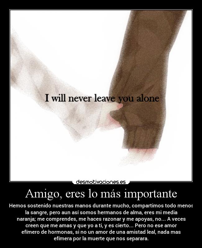 Amigo, eres lo más importante - Hemos sostenido nuestras manos durante mucho, compartimos todo menos
la sangre, pero aun así somos hermanos de alma, eres mi media
naranja; me comprendes, me haces razonar y me apoyas, no... A veces
creen que me amas y que yo a ti, y es cierto... Pero no ese amor
efímero de hormonas, si no un amor de una amistad leal, nada mas
efímera por la muerte que nos separara.