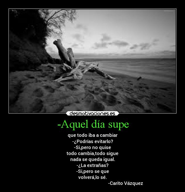 -Aquel día supe - que todo iba a cambiar
-¿Podrías evitarlo?
-Si,pero no quise
todo cambia,todo sigue
nada se queda igual.
-¿La extrañas?
-Si,pero se que
volverá,lo sé.
                                                          -Carito Vázquez