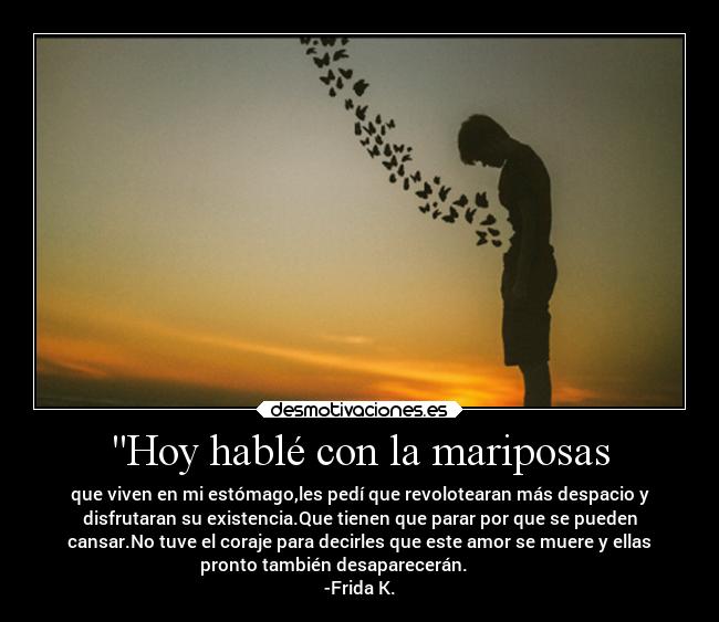 Hoy hablé con la mariposas - que viven en mi estómago,les pedí que revolotearan más despacio y
disfrutaran su existencia.Que tienen que parar por que se pueden
cansar.No tuve el coraje para decirles que este amor se muere y ellas
pronto también desaparecerán.
-Frida K.
