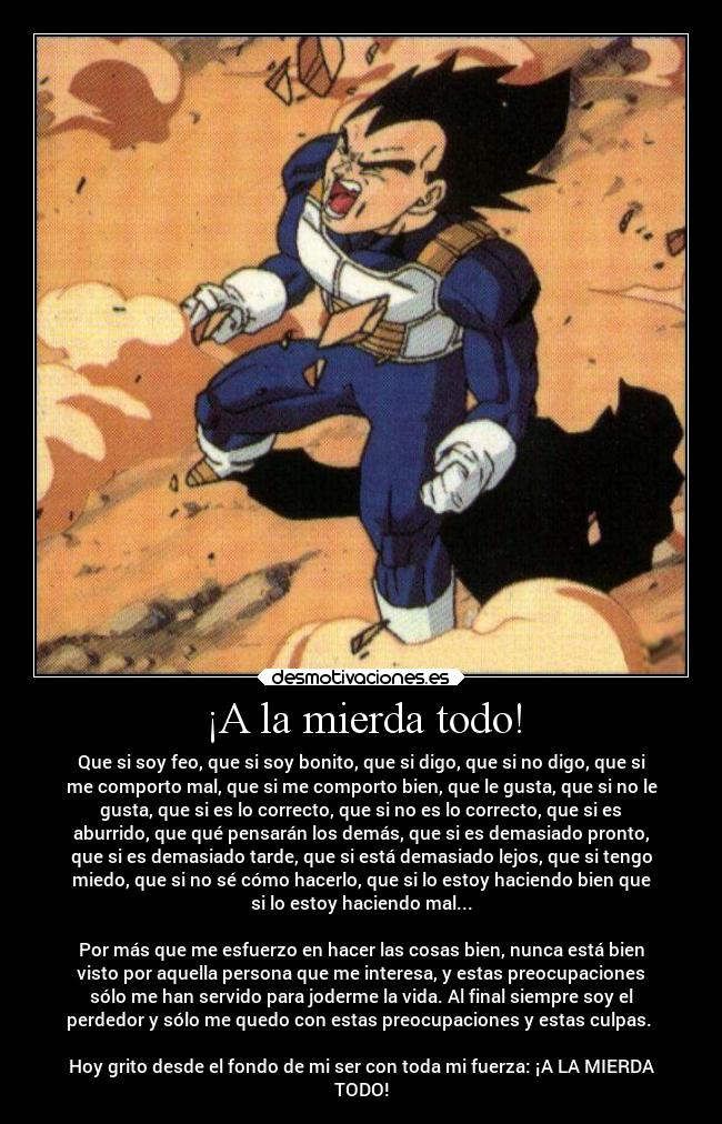 ¡A la mierda todo! - Que si soy feo, que si soy bonito, que si digo, que si no digo, que si
me comporto mal, que si me comporto bien, que le gusta, que si no le
gusta, que si es lo correcto, que si no es lo correcto, que si es
aburrido, que qué pensarán los demás, que si es demasiado pronto,
que si es demasiado tarde, que si está demasiado lejos, que si tengo
miedo, que si no sé cómo hacerlo, que si lo estoy haciendo bien que
si lo estoy haciendo mal...

Por más que me esfuerzo en hacer las cosas bien, nunca está bien
visto por aquella persona que me interesa, y estas preocupaciones
sólo me han servido para joderme la vida. Al final siempre soy el
perdedor y sólo me quedo con estas preocupaciones y estas culpas. 

Hoy grito desde el fondo de mi ser con toda mi fuerza: ¡A LA MIERDA
TODO!