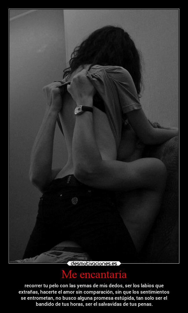 Me encantaría - recorrer tu pelo con las yemas de mis dedos, ser los labios que
extrañas, hacerte el amor sin comparación, sin que los sentimientos
se entrometan, no busco alguna promesa estúpida, tan solo ser el
bandido de tus horas, ser el salvavidas de tus penas.