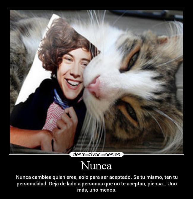 Nunca - Nunca cambies quien eres, solo para ser aceptado. Se tu mismo, ten tu
personalidad. Deja de lado a personas que no te aceptan, piensa… Uno
más, uno menos.