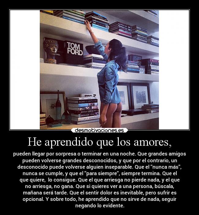 He aprendido que los amores, - pueden llegar por sorpresa o terminar en una noche. Que grandes amigos
pueden volverse grandes desconocidos, y que por el contrario, un
desconocido puede volverse alguien inseparable. Que el nunca más,
nunca se cumple, y que el para siempre, siempre termina. Que el
que quiere, lo consigue. Que el que arriesga no pierde nada, y el que
no arriesga, no gana. Que si quieres ver a una persona, búscala,
mañana será tarde. Que el sentir dolor es inevitable, pero sufrir es
opcional. Y sobre todo, he aprendido que no sirve de nada, seguir
negando lo evidente.