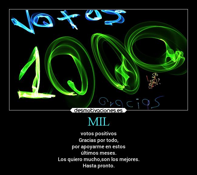 MIL - votos positivos
Gracias por todo,
por apoyarme en estos
últimos meses.
Los quiero mucho,son los mejores.
Hasta pronto.