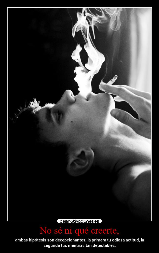 No sé ni qué creerte, - ambas hipótesis son decepcionantes; la primera tu odiosa actitud, la
segunda tus mentiras tan detestables.