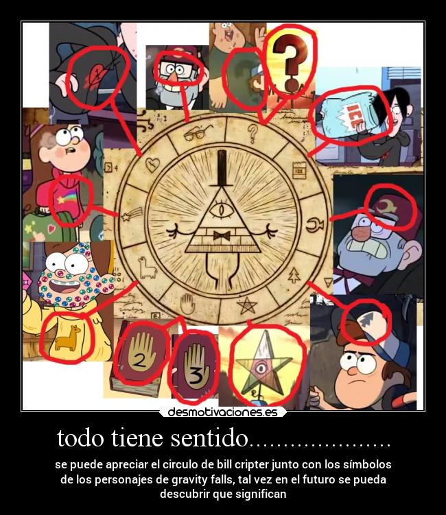 todo tiene sentido..................... - se puede apreciar el circulo de bill cripter junto con los símbolos
de los personajes de gravity falls, tal vez en el futuro se pueda
descubrir que significan