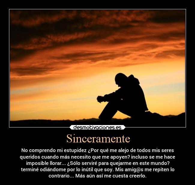 Sinceramente - No comprendo mi estupidez ¿Por qué me alejo de todos mis seres
queridos cuando más necesito que me apoyen? incluso se me hace
imposible llorar... ¿Sólo serviré para quejarme en este mundo?
terminé odiándome por lo inútil que soy. Mis amig@s me repiten lo
contrario... Más aún así me cuesta creerlo.