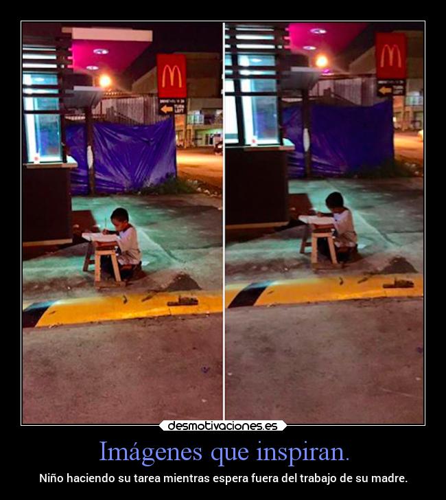 Imágenes que inspiran. - Niño haciendo su tarea mientras espera fuera del trabajo de su madre.