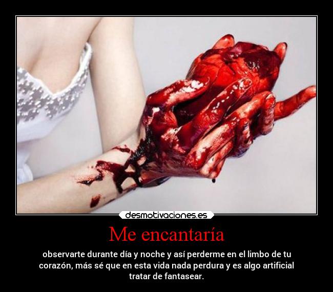 Me encantaría - observarte durante día y noche y así perderme en el limbo de tu
corazón, más sé que en esta vida nada perdura y es algo artificial
tratar de fantasear.