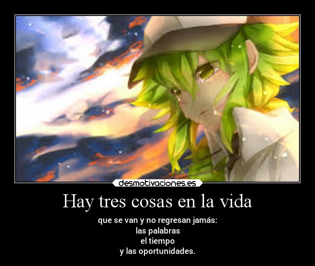 Hay tres cosas en la vida - que se van y no regresan jamás:
las palabras
el tiempo
y las oportunidades.
