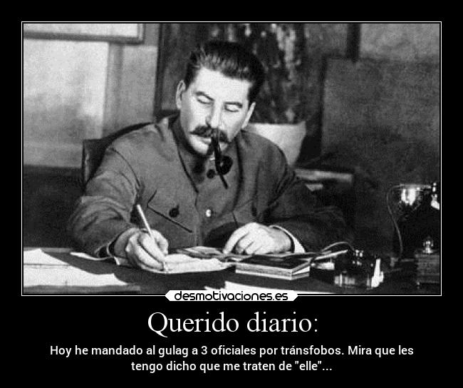 Querido diario: - Hoy he mandado al gulag a 3 oficiales por tránsfobos. Mira que les
tengo dicho que me traten de elle...