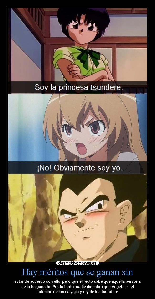 Hay méritos que se ganan sin - estar de acuerdo con ello, pero que el resto sabe que aquella persona
se lo ha ganado. Por lo tanto, nadie discutirá que Vegeta es el
príncipe de los saiyajin y rey de los tsundere