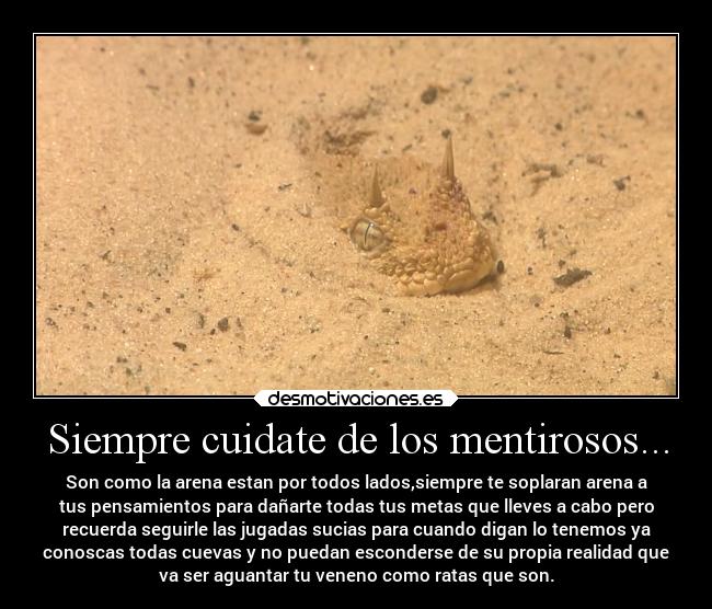 Siempre cuidate de los mentirosos... - Son como la arena estan por todos lados,siempre te soplaran arena a
tus pensamientos para dañarte todas tus metas que lleves a cabo pero
recuerda seguirle las jugadas sucias para cuando digan lo tenemos ya
conoscas todas cuevas y no puedan esconderse de su propia realidad que
va ser aguantar tu veneno como ratas que son.