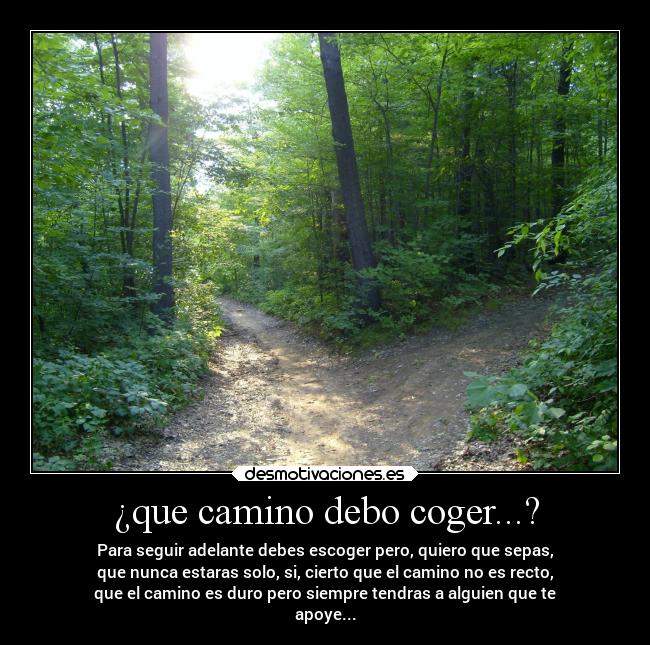¿que camino debo coger...? - Para seguir adelante debes escoger pero, quiero que sepas,
que nunca estaras solo, si, cierto que el camino no es recto,
que el camino es duro pero siempre tendras a alguien que te
apoye...