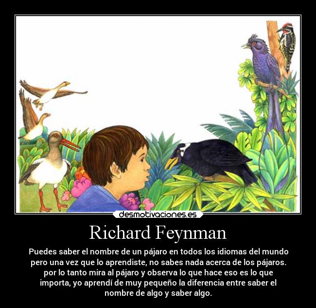 Richard Feynman - Puedes saber el nombre de un pájaro en todos los idiomas del mundo
pero una vez que lo aprendiste, no sabes nada acerca de los pájaros.
por lo tanto mira al pájaro y observa lo que hace eso es lo que
importa, yo aprendí de muy pequeño la diferencia entre saber el
nombre de algo y saber algo.