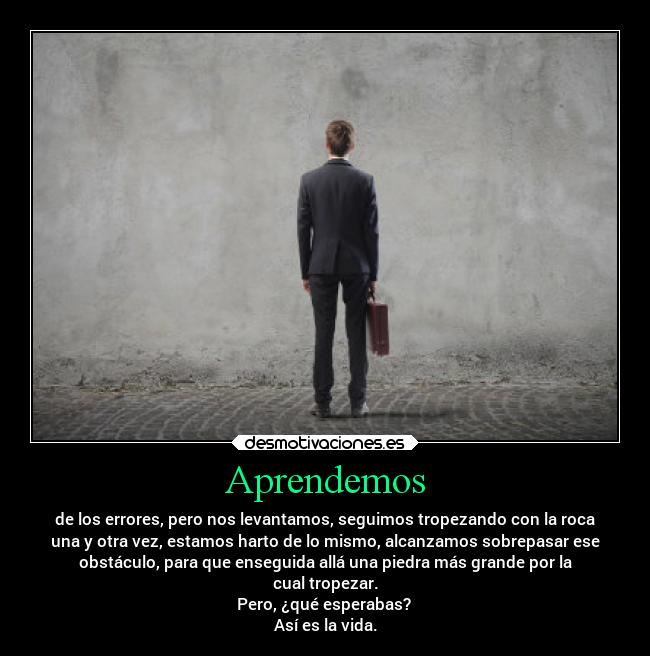 Aprendemos - de los errores, pero nos levantamos, seguimos tropezando con la roca
una y otra vez, estamos harto de lo mismo, alcanzamos sobrepasar ese
obstáculo, para que enseguida allá una piedra más grande por la
cual tropezar.
Pero, ¿qué esperabas?
Así es la vida.