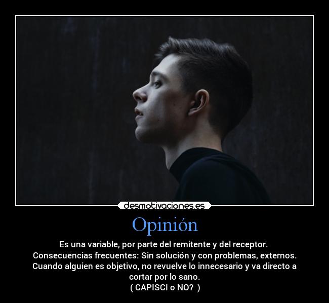 Opinión - Es una variable, por parte del remitente y del receptor.
Consecuencias frecuentes: Sin solución y con problemas, externos.
Cuando alguien es objetivo, no revuelve lo innecesario y va directo a
cortar por lo sano.
( CAPISCI o NO? )