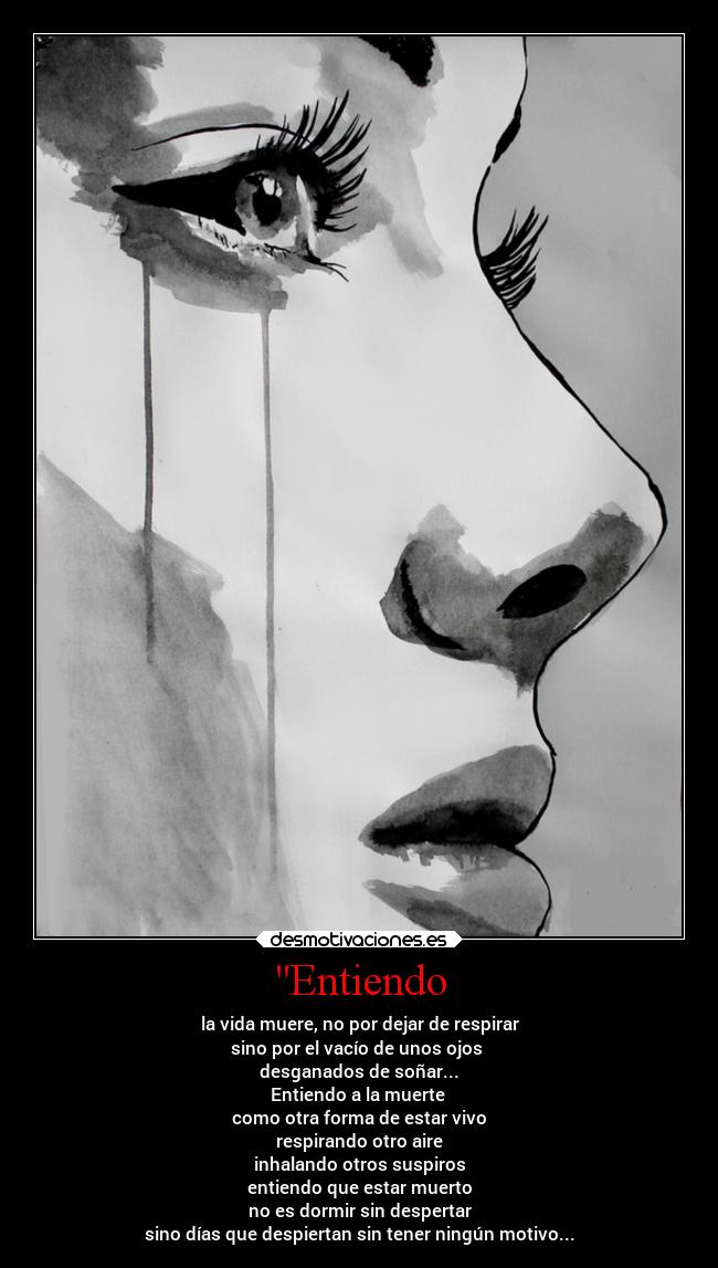 Entiendo - la vida muere, no por dejar de respirar
sino por el vacío de unos ojos 
desganados de soñar...
Entiendo a la muerte 
como otra forma de estar vivo
respirando otro aire
inhalando otros suspiros
entiendo que estar muerto
no es dormir sin despertar
sino días que despiertan sin tener ningún motivo...