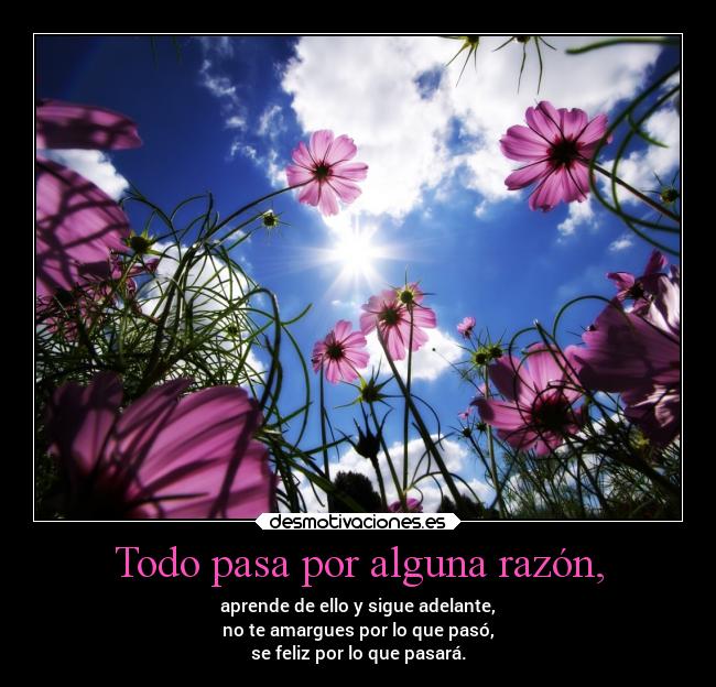 Todo pasa por alguna razón, - aprende de ello y sigue adelante,
no te amargues por lo que pasó,
se feliz por lo que pasará.