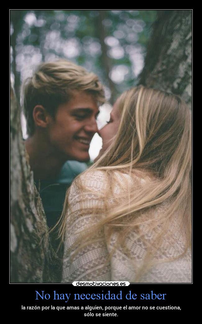 No hay necesidad de saber - la razón por la que amas a alguien, porque el amor no se cuestiona,
sólo se siente.