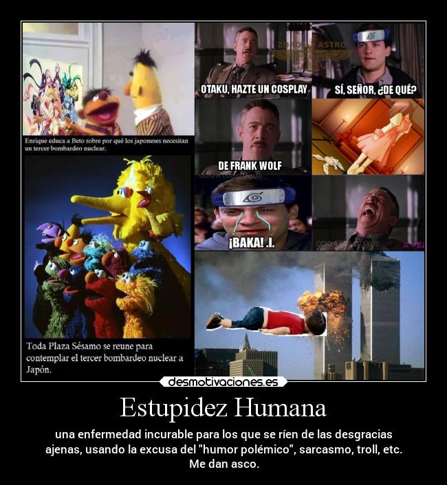 Estupidez Humana - una enfermedad incurable para los que se ríen de las desgracias
ajenas, usando la excusa del humor polémico, sarcasmo, troll, etc.
Me dan asco.
