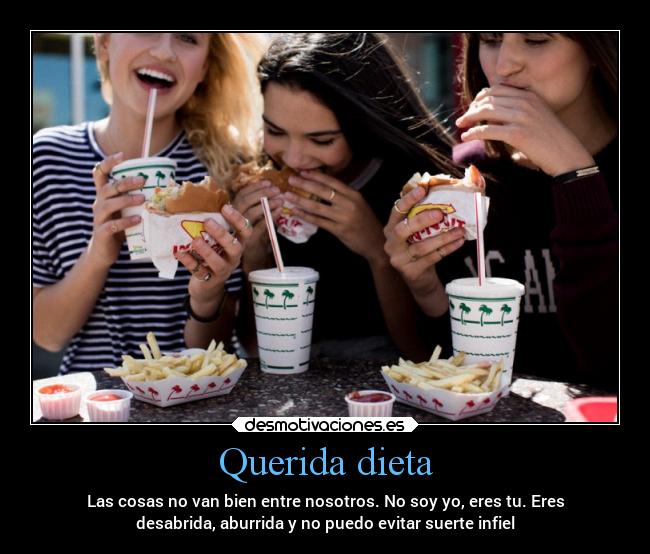 Querida dieta - Las cosas no van bien entre nosotros. No soy yo, eres tu. Eres
desabrida, aburrida y no puedo evitar suerte infiel