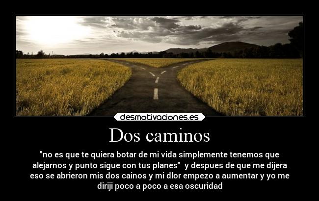 Dos caminos - no es que te quiera botar de mi vida simplemente tenemos que
alejarnos y punto sigue con tus planes y despues de que me dijera
eso se abrieron mis dos cainos y mi dlor empezo a aumentar y yo me
diriji poco a poco a esa oscuridad