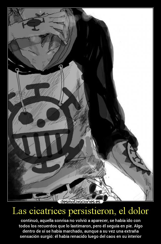 Las cicatrices persistieron, el dolor - continuó, aquella sonrisa no volvió a aparecer, se había ido con
todos los recuerdos que lo lastimaron, pero él seguía en pie. Algo
dentro de sí se había marchado, aunque a su vez una extraña
sensación surgió: él había renacido luego del caos en su interior